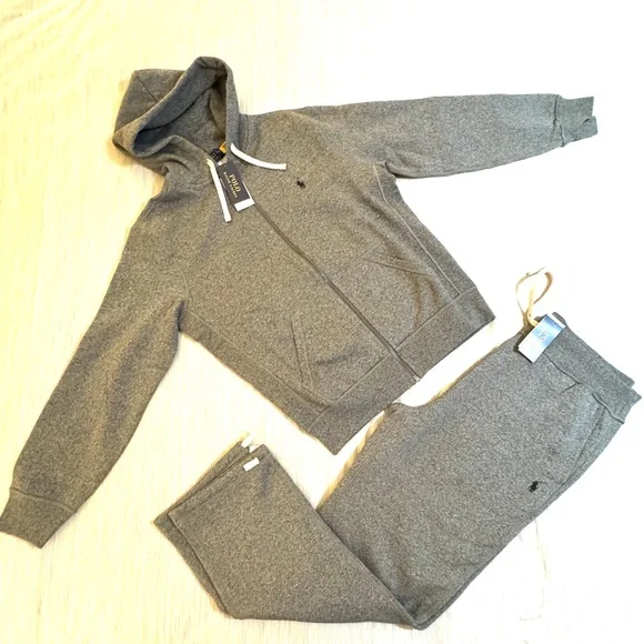 Polo Ralph Lauren Classic Full-Zip Fleece Sweatsuit Ash Grey Heather Black Pony - Picture 2 of 16